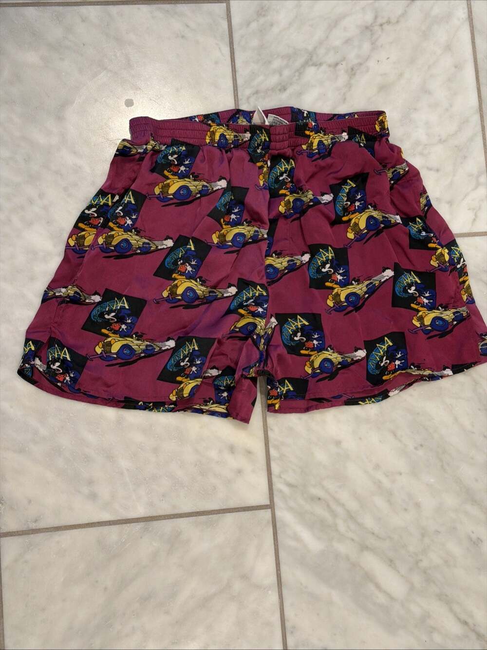 Vtg Mickey & Co Disney Mens M 100% Silk Boxer Shorts Race Car Roadster Magenta